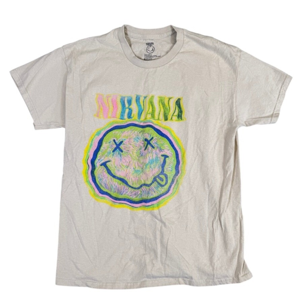 Nirvana Smiley Face Graphic Tee Cream Multi Color Scribble Logo Shirt Mens L